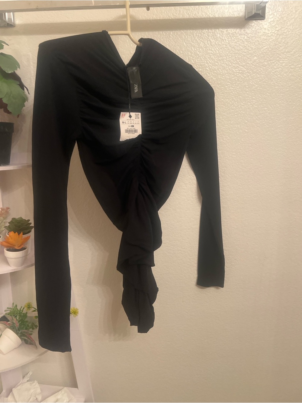 Zara Black Long-Sleeve Ruched Twist-Front Top